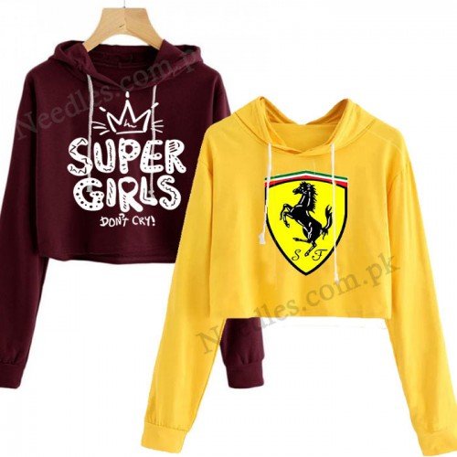 Bundle of 2 Maroon Super Girls & Yellow Fer Printed Crop Hoodie 